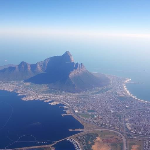 Aerial view of Cape Town's coastline with Table Mountain in the background