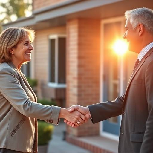 Close-up of a property manager shaking hands with a tenant in front of a rental property