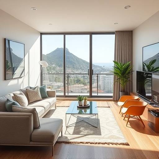 Modern apartment living room with large windows overlooking Cape Town