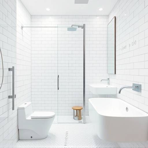 Modern bathroom interior with white tiles and stainless steel fixtures
